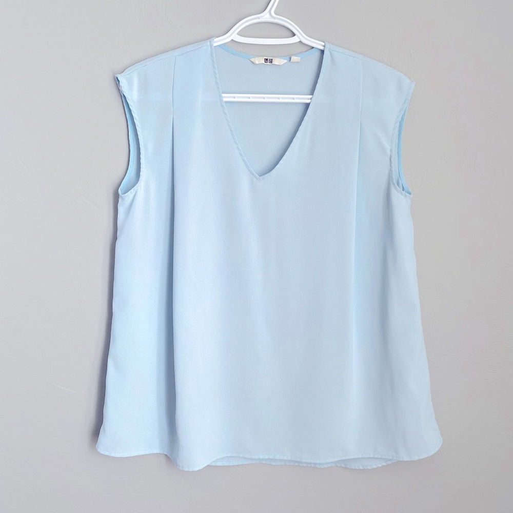 Uniqlo Light Blue Sheer Blouse V-Neck Sleeveless